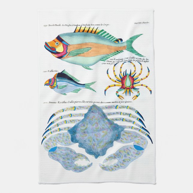 Fish and Crabs on Ancient Paper Tea Towel (Vertical)