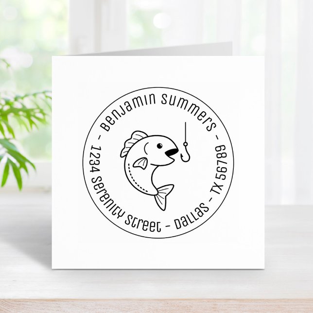 Fish and Fishing Hook Round Address Rubber Stamp (Creator Uploaded)