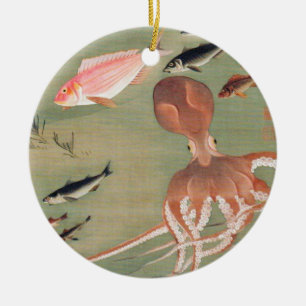 Fish and Octopus Marine Life Illustration Ceramic Tree Decoration