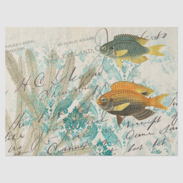 Fish and Seaweed with Writing Decoupage Tissue Paper (Front)