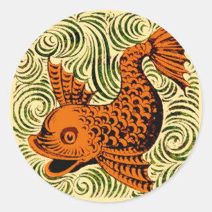 Fish Antique Tile Old art ancient Classic Round Sticker