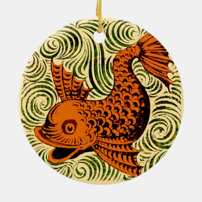 Fish Antique Tile Old art ancient de morgan art Ceramic Tree Decoration (Back)