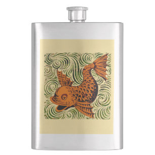 Fish Antique Tile Old art ancient Hip Flask