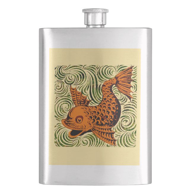 Fish Antique Tile Old art ancient Hip Flask (Front)