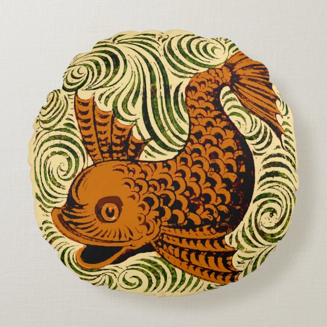 Fish Antique Tile Old art ancient Round Cushion (Front)