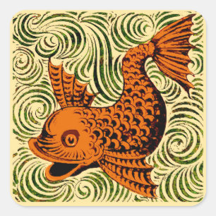 Fish Antique Tile Old art ancient Square Sticker