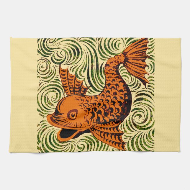 Fish Antique Tile Old art ancient Tea Towel (Horizontal)