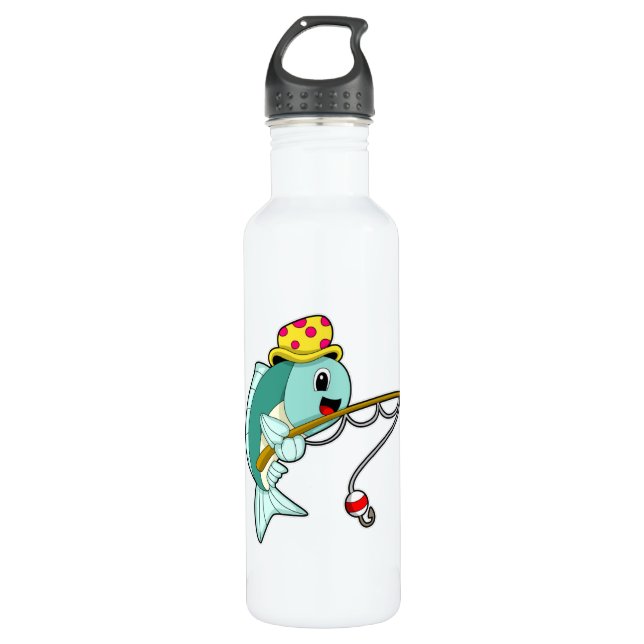 Fish at Fishing with Fishing rod & Hat 710 Ml Water Bottle (Front)