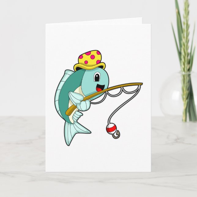 Fish at Fishing with Fishing rod & Hat Card (Front)