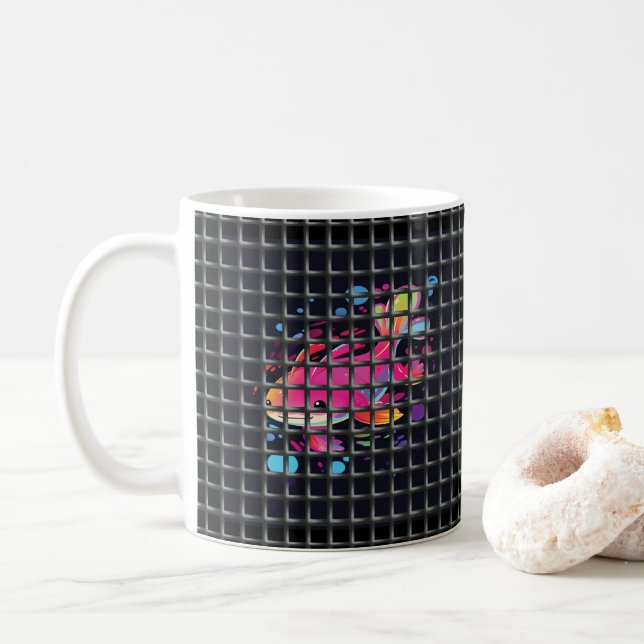 Fish Behind Net Illustration Coffee Mug (With Donut)