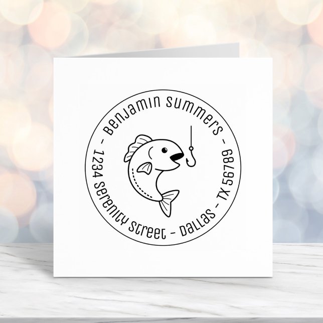 Fish Biting Fishing Hook Round Address Self-inking Stamp (Creator Uploaded)