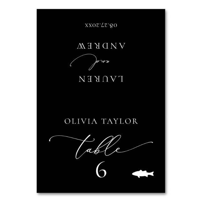 Fish Black Minimalist Wedding Table Number (Front)