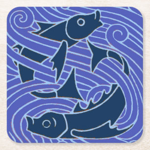 Fish Bold Swimming Ocean Blue Fishing Square Paper Coaster