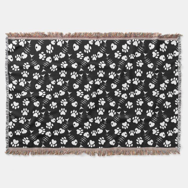 fish bone cat print pattern throw blanket (Front)