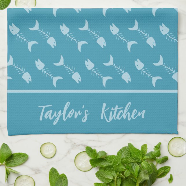 Fish Bone Pattern Teal Kitchen Towels (Folded)