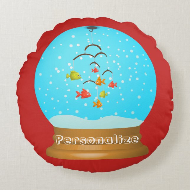 Fish bowl snow globe cute red blue round cushion (Front)