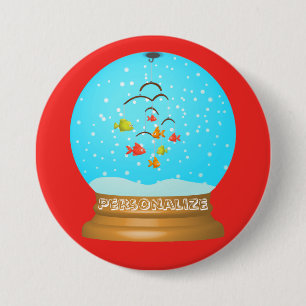 Fish bowl snow globe cute red blue whimsical 7.5 cm round badge