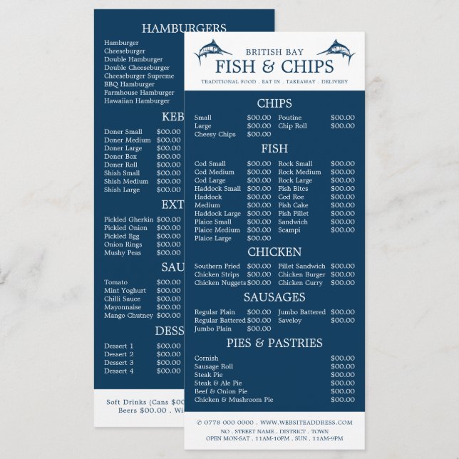 Fish & Chip Shop Restaurant Slimline Menu (Front/Back)