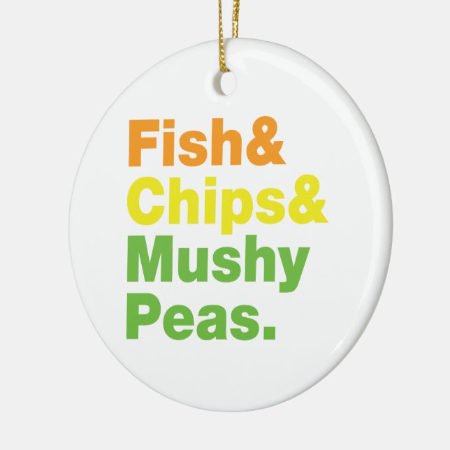 Fish & Chips & Mushy Peas. Ceramic Tree Decoration (Left)
