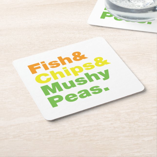 Fish & Chips & Mushy Peas. Square Paper Coaster (Angled)