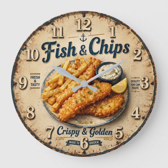 Fish & Chips Vintage Kitchen Large Clock (Front)