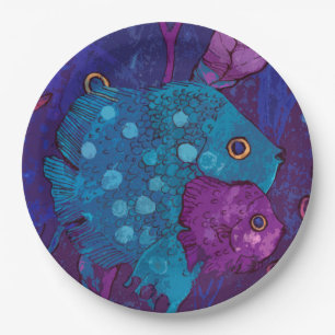 Fish Family, Underwater, Blue & Purple Paper Plate