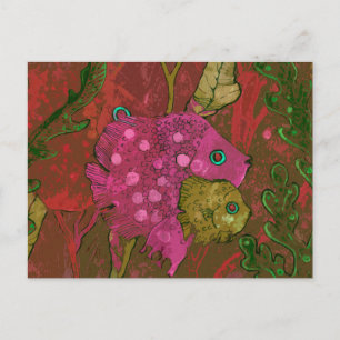 Fish Family Underwater Ocean Animal Art Pink Green Postcard