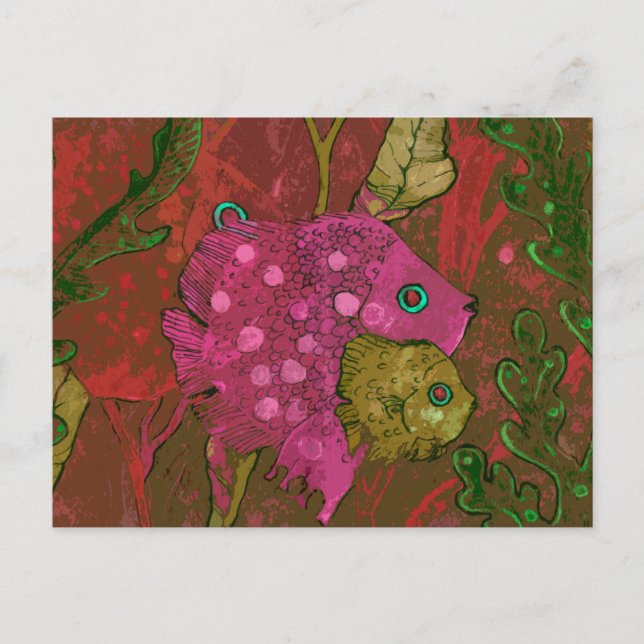 Fish Family Underwater Ocean Animal Art Pink Green Postcard (Front)