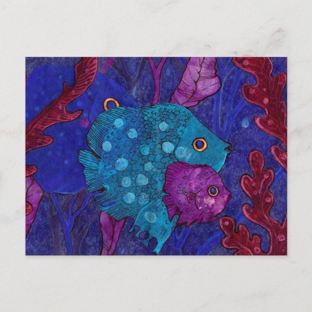 Fish Family, Underwater Ocean Animals Illustration Postcard (Front)