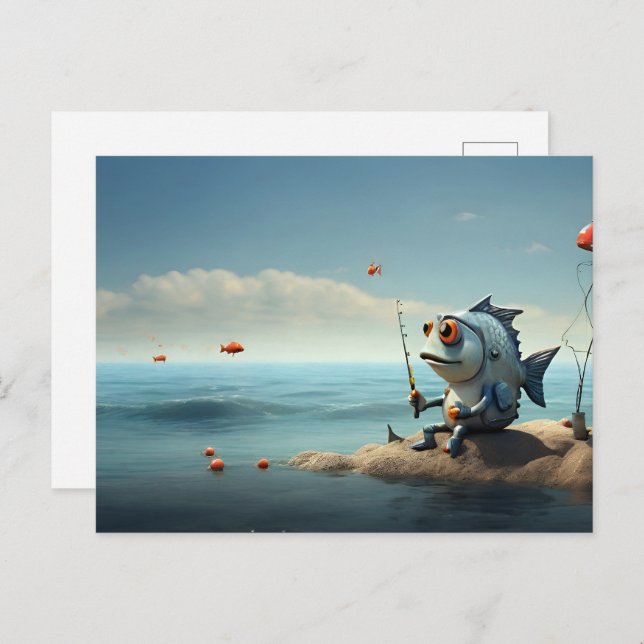 Fish fishing conceptual art postcard (Front/Back)