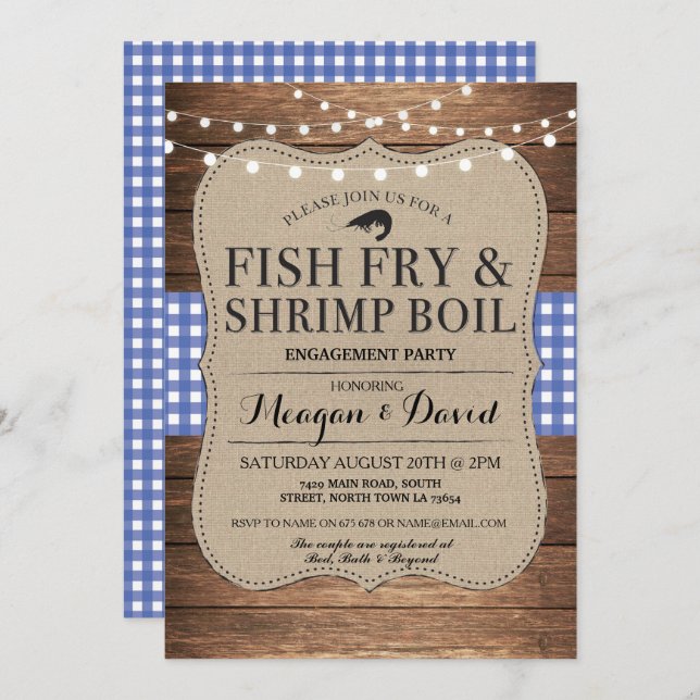 Fish Fry Engagement Blue Shower Shrimp Boil Invitation (Front/Back)