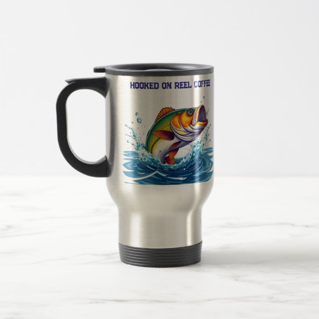Fish-Funny-Hooked on Reel Coffee Travel Mug (Left)