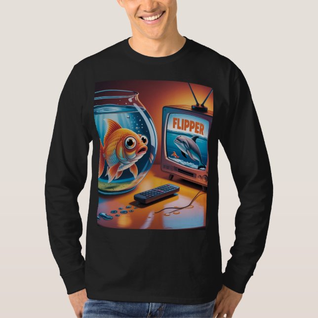 fish HAING FUN watching FLIPPER  T-Shirt (Front)
