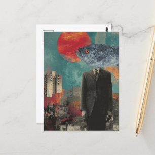 Fish Head Person Surreal Postcard