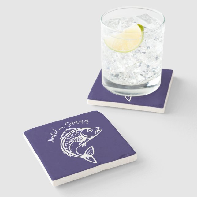 Fish-Hooked on Summer-Blue Stone Coaster (Side)
