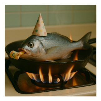 Fish In A Skillet With A Party Hat On Poster