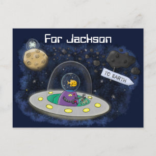 Fish in alien space ship cartoon illustration postcard