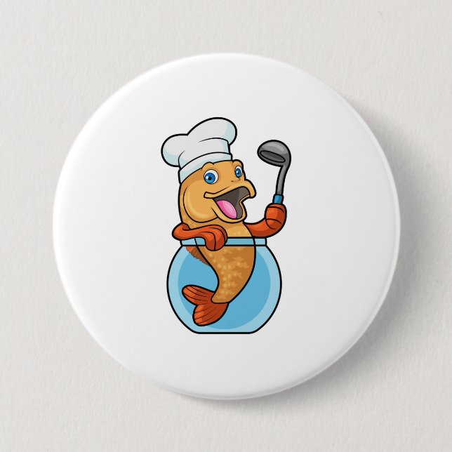 Fish in Glass as Cook with Soup spoon 7.5 Cm Round Badge (Front)