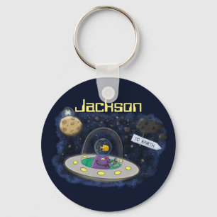 Fish in UFO alien space ship cartoon illustration Key Ring