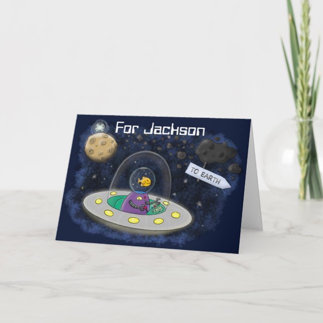 Fish in UFO space ship cartoon illustration Card (Front)