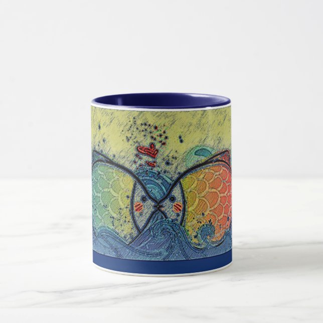 Fish Kissing Love in Blue Mug (Center)