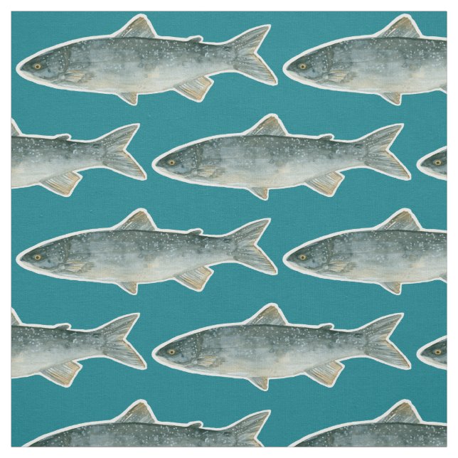 Fish Lake Fishing Dark Turquoise Blue Watercolor Fabric (Swatch)