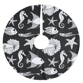 Fish Motif: Black White Pattern. Brushed Polyester Tree Skirt