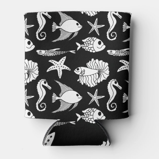 Fish Motif: Black White Pattern. Can Cooler (Front)