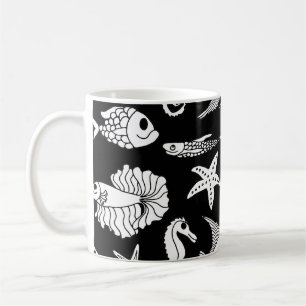 Fish Motif: Black White Pattern. Coffee Mug