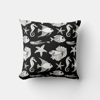 Fish Motif: Black White Pattern. Cushion