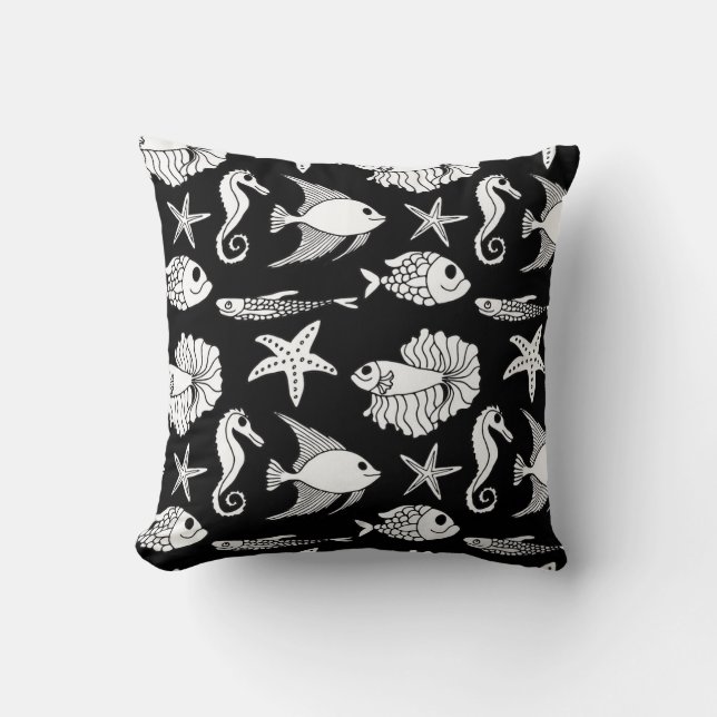 Fish Motif: Black White Pattern. Cushion (Front)