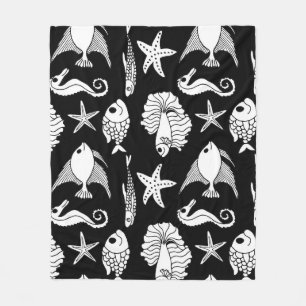 Fish Motif: Black White Pattern. Fleece Blanket