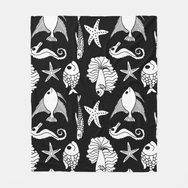 Fish Motif: Black White Pattern. Fleece Blanket (Front)