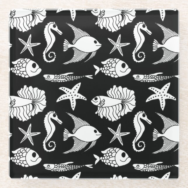Fish Motif: Black White Pattern. Glass Coaster (Front)